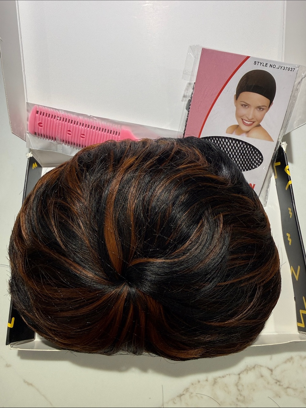 HAIR, Pixie Cut with Bangs, Black with Copper/Carmel highlights - Picture 13 of 13